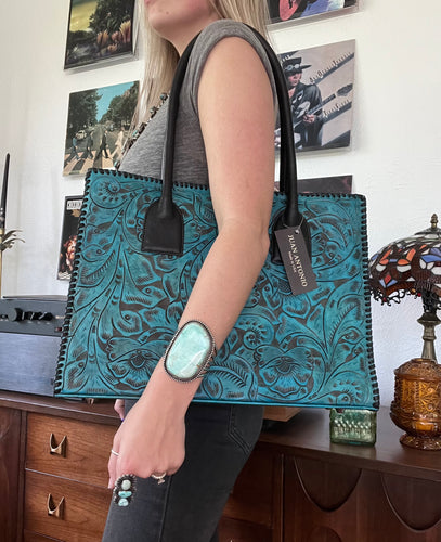 Turquoise Hand-Tooled Top Handle Bag by Juan Antonio