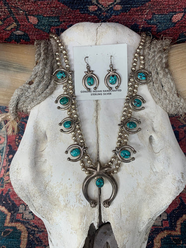 Navajo Sierra Mountain Turquoise Sterling Silver Squash Blossom Necklace Set by Sharon Francisco