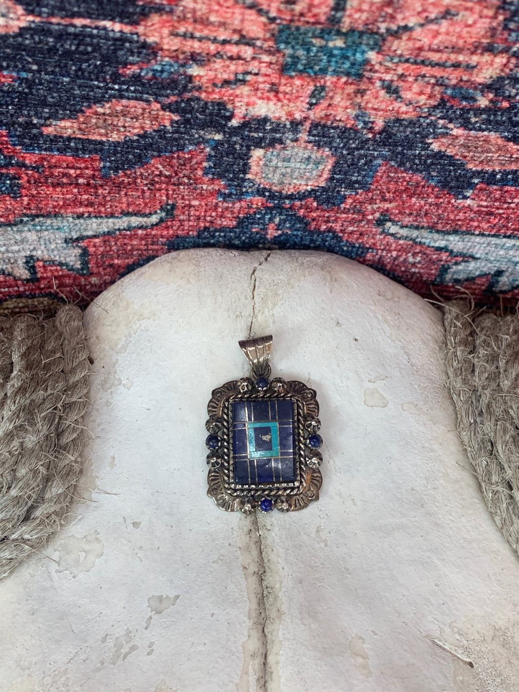 Vintage Sterling Lapis & Turquoise Inlay Pendant by BG