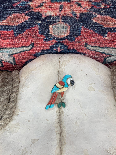 Hand-Carved Zuni Inlay Turquoise Coral Multi Stone Parrot Pin/Brooch/Pendant by Stephen Lonjose